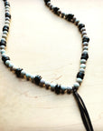 **Frosted Aqua Terra Necklace w/ Wood Beads & Leather Tassel 258a