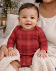 Red Plaid Baby Bodysuit In Soft Cotton Rib - Holiday One Piece