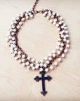 White Turquoise Beaded Collar Necklace w/ Cross Pendant 260z