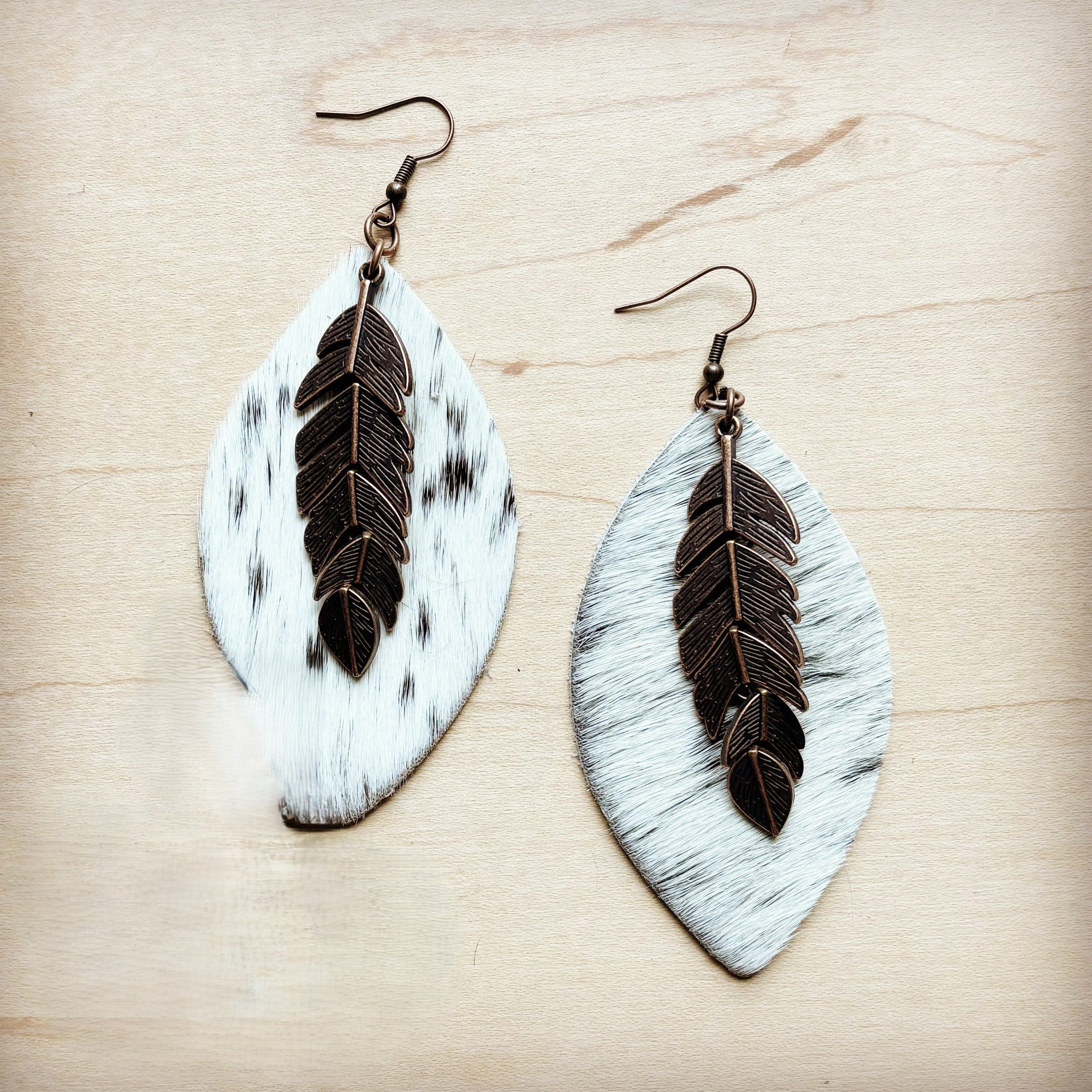 **Leather Oval Earrings Spotted Hair Hide w/ Copper Feather 219m