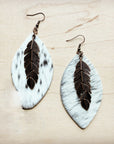 **Leather Oval Earrings Spotted Hair Hide w/ Copper Feather 219m