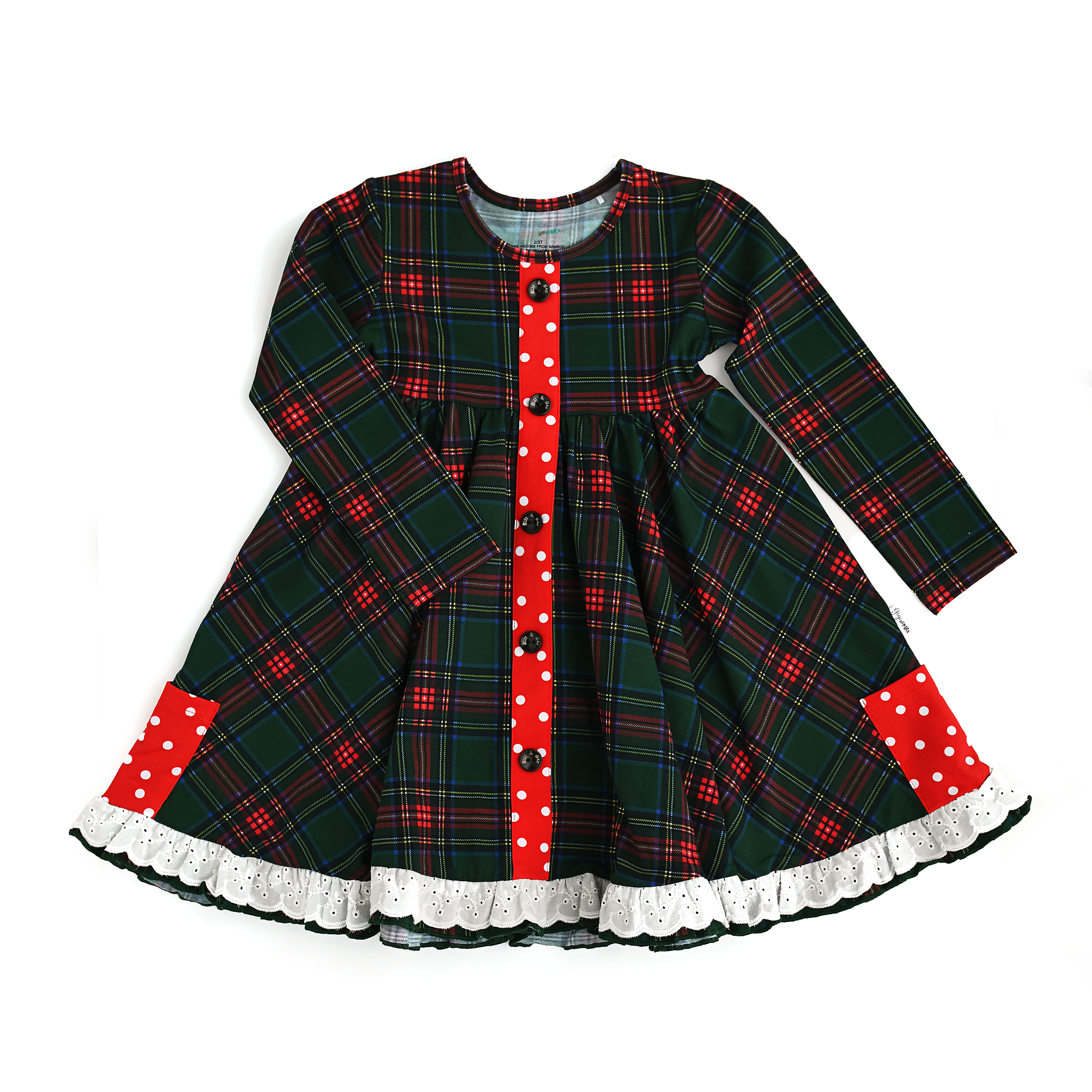 Kane Tartan &amp; Ruby Dot Button Dress Christmas Tartan