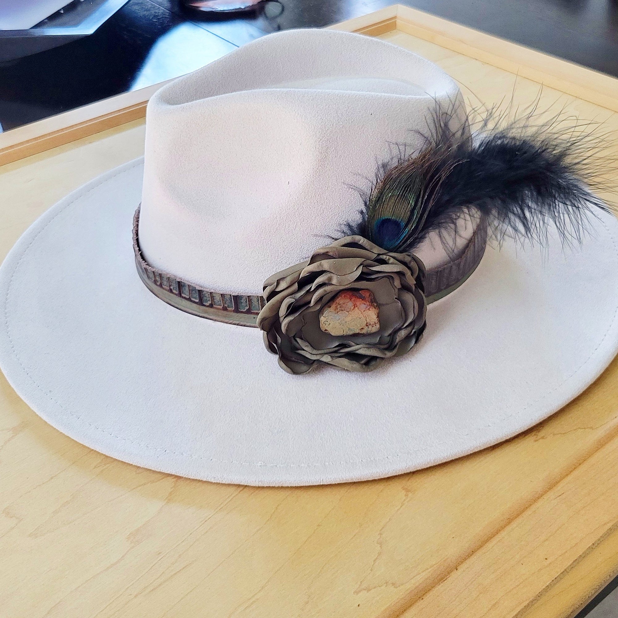 Leather Hat Band w/ Silk Flower &amp; Feathers-Olive (Band Only) 952z