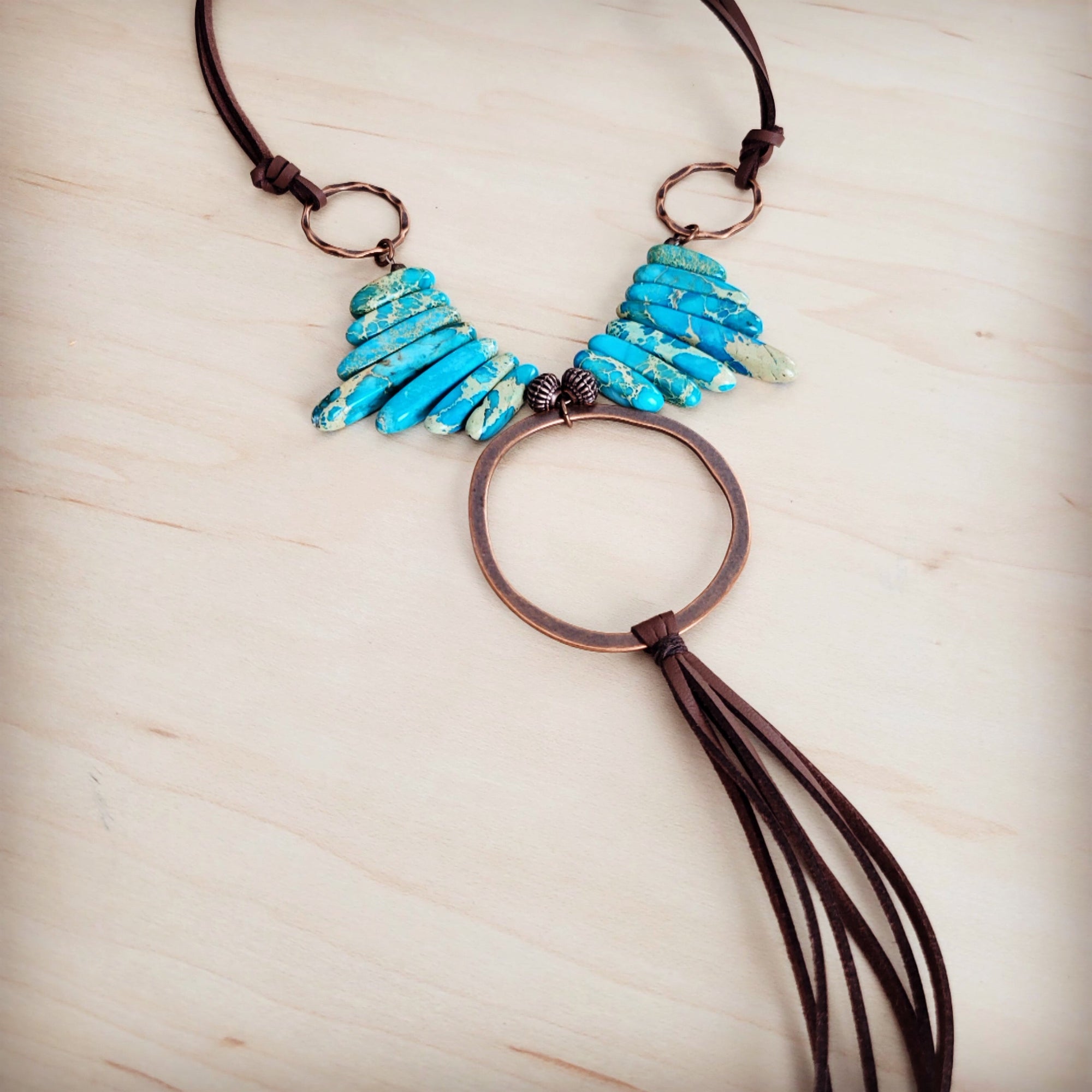 Imperial Jasper Slab Necklace w/ Copper Hoop &amp; Tassel 252h