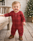 Red Plaid Baby Boy Henley Romper In Soft Cotton Rib