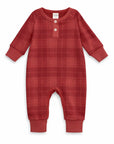 Red Plaid Baby Boy Henley Romper In Soft Cotton Rib