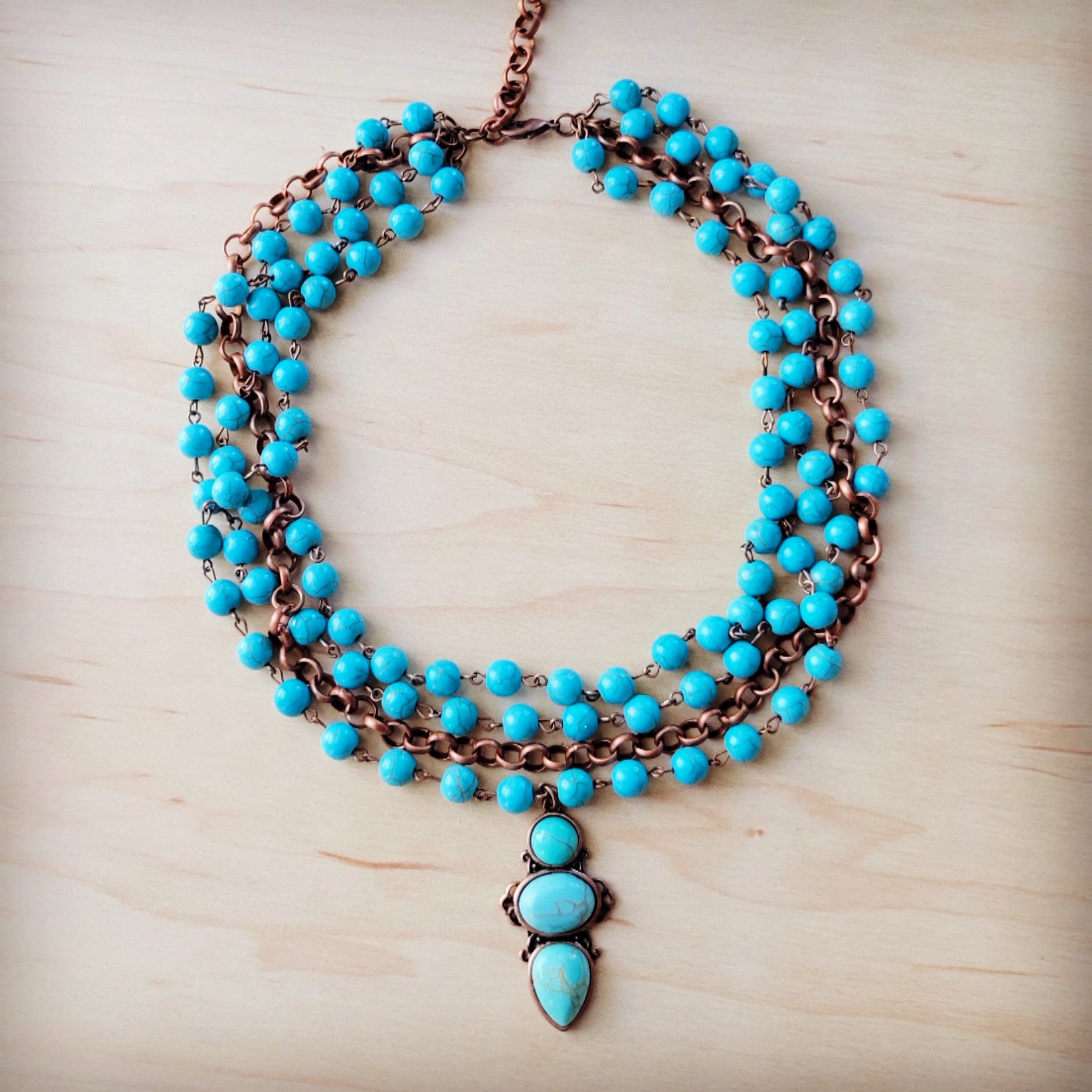Triple Strand Turquoise &amp; Copper Collar Necklace w/ Droplet Pendant 257lm