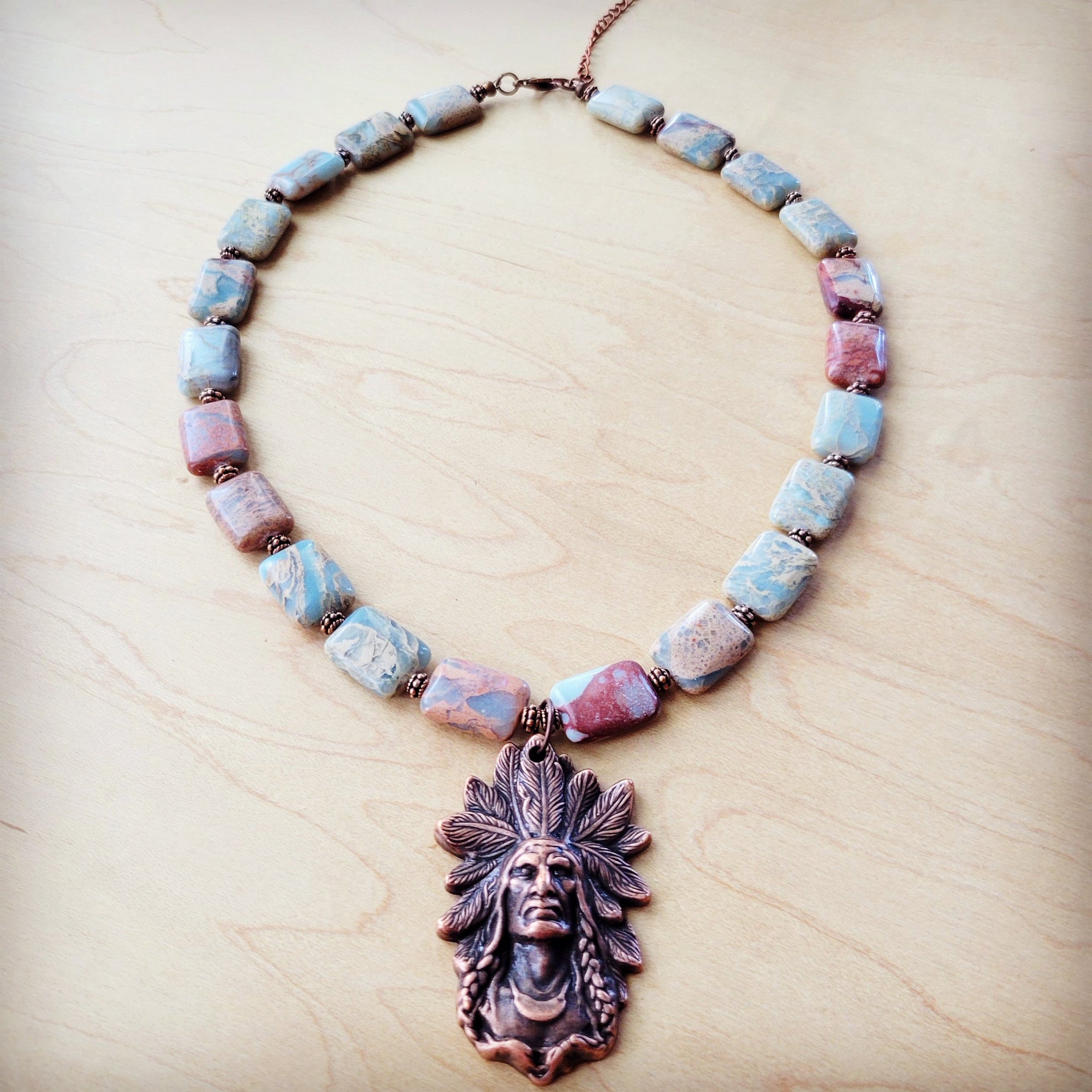 Genuine Aqua Terra Collar Necklace w/ Copper Indian Pendant 261n