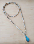 Frosted Amazonite Long Beaded Necklace with Agate Pendant 260o