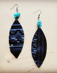 **Leather Narrow Oval Earrings in Black Navajo w/ Turquoise Accent 216a