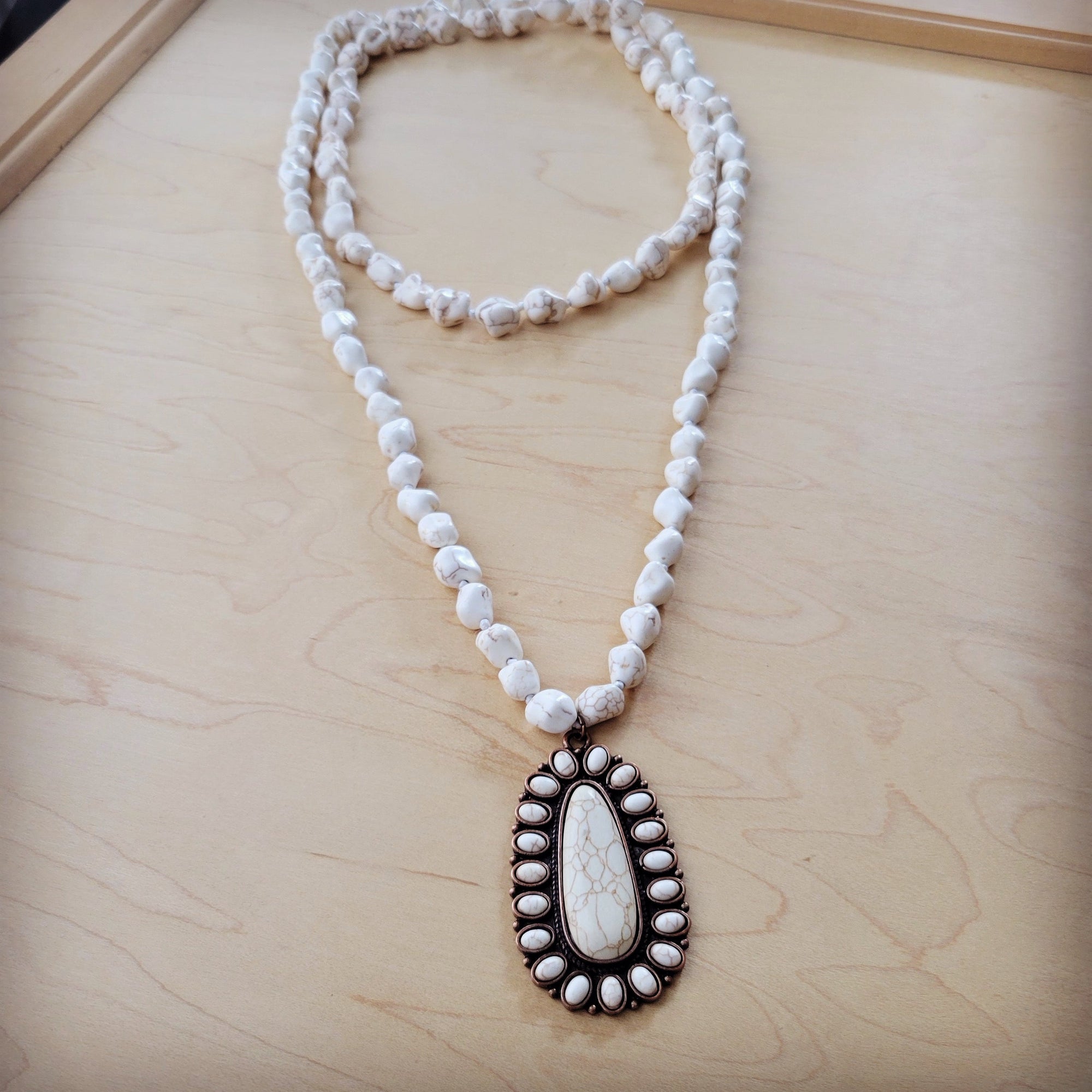 Long Turquoise Beaded Necklace w/ Squash Blossom Pendant White 261ww