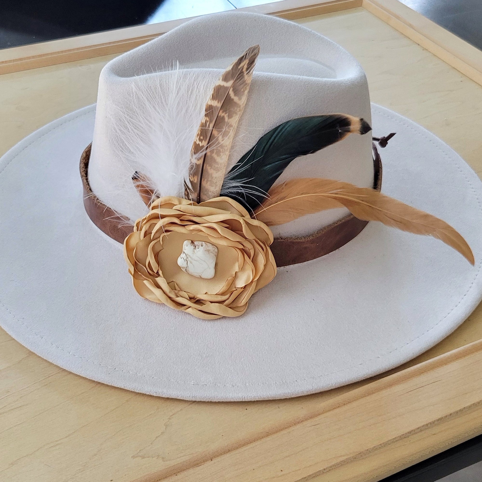 Leather Hat Band w/ Silk Flower &amp; Feathers-Gold (Band Only) 952x