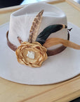 Leather Hat Band w/ Silk Flower & Feathers-Gold (Band Only) 952x