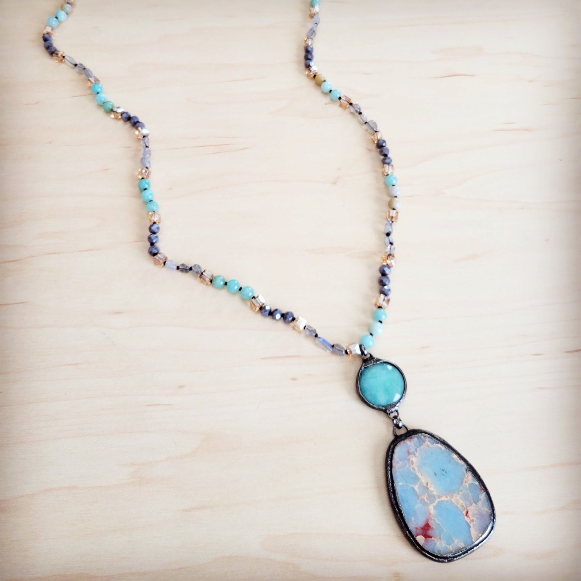 Amazonite &amp; Crystal Long Beaded Necklace w/ Large Jasper Pendant 262q