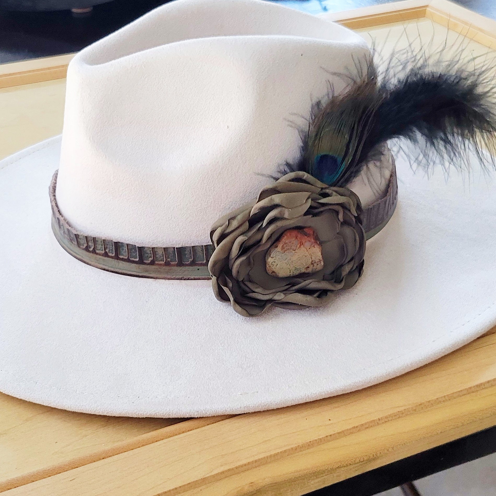 Leather Hat Band w/ Silk Flower &amp; Feathers-Olive (Band Only) 952z