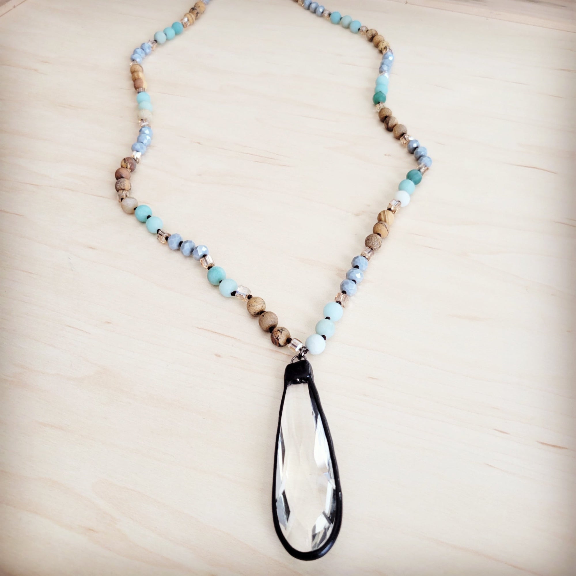 Picture Jasper &amp; Amazonite Long Beaded Necklace w/ Crystal Pendant 262r