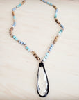 Picture Jasper & Amazonite Long Beaded Necklace w/ Crystal Pendant 262r
