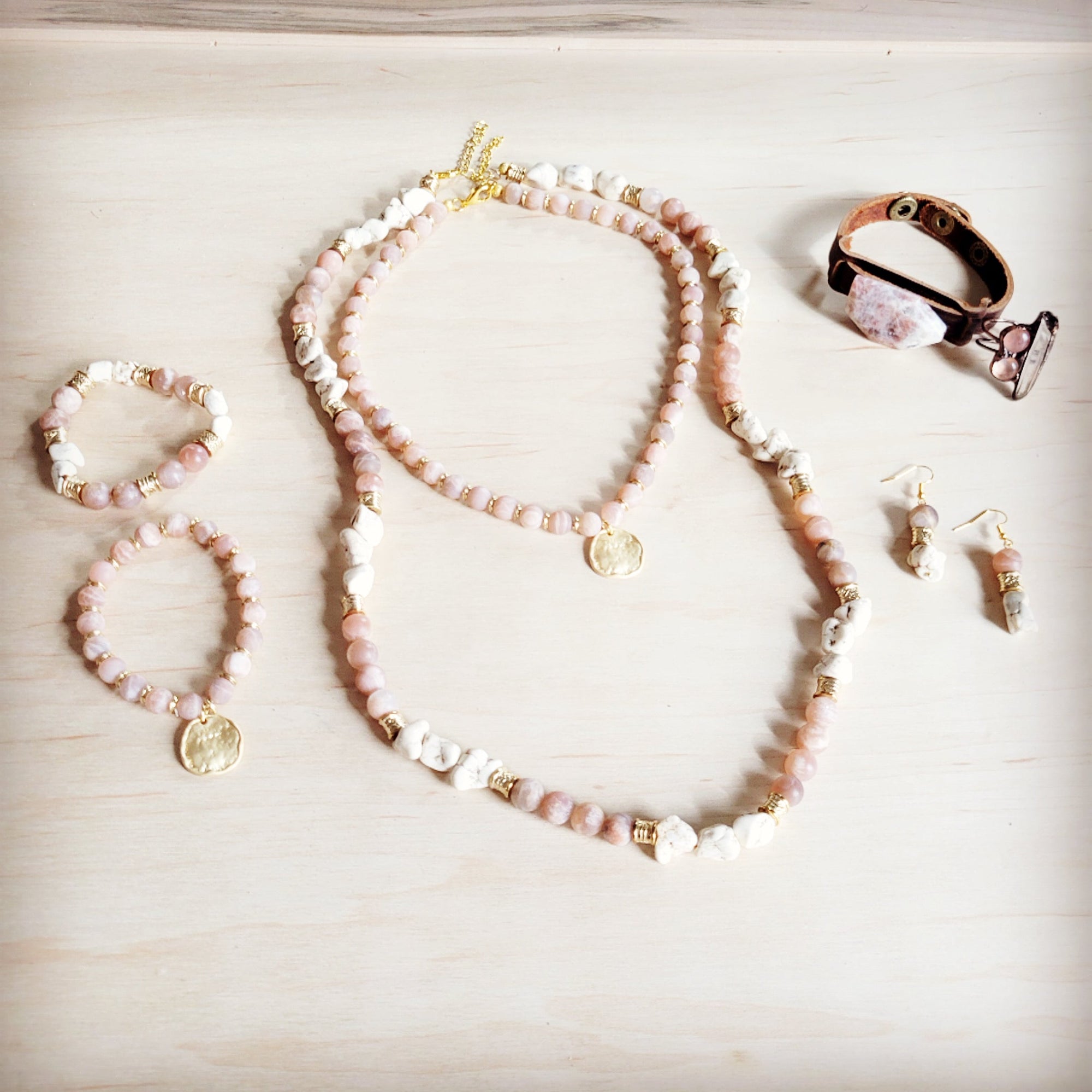 Frosted Sunstone &amp; White Turquoise Long Layering Necklace 262o