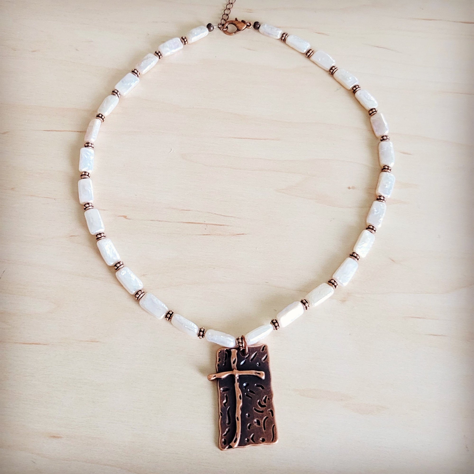 Rectangle Freshwater Pearl &amp; Copper Necklace w/ Antique Cross Pendant 264a