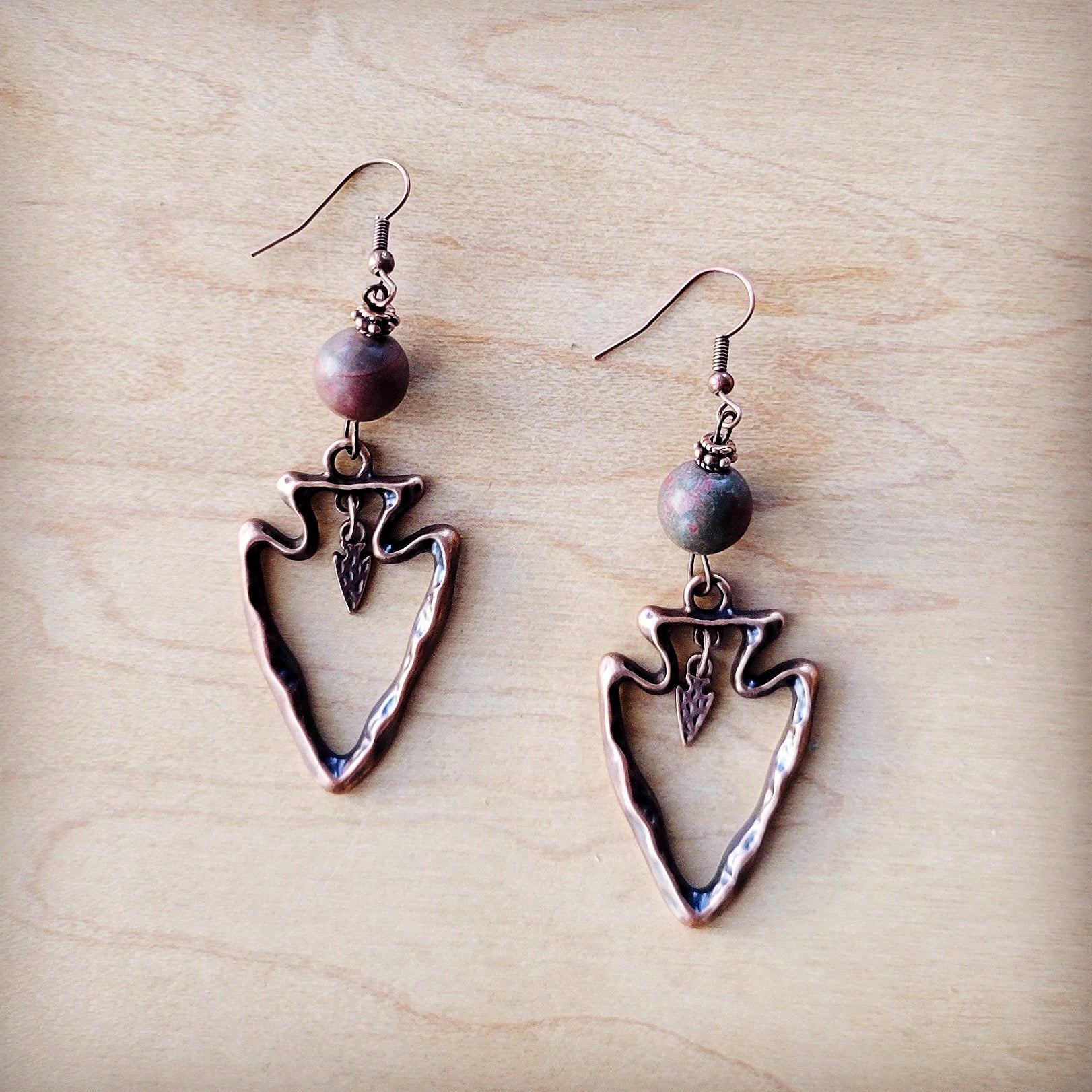 **Copper Arrow Earrings w/ Genuine Picasso Jasper Beads 225q