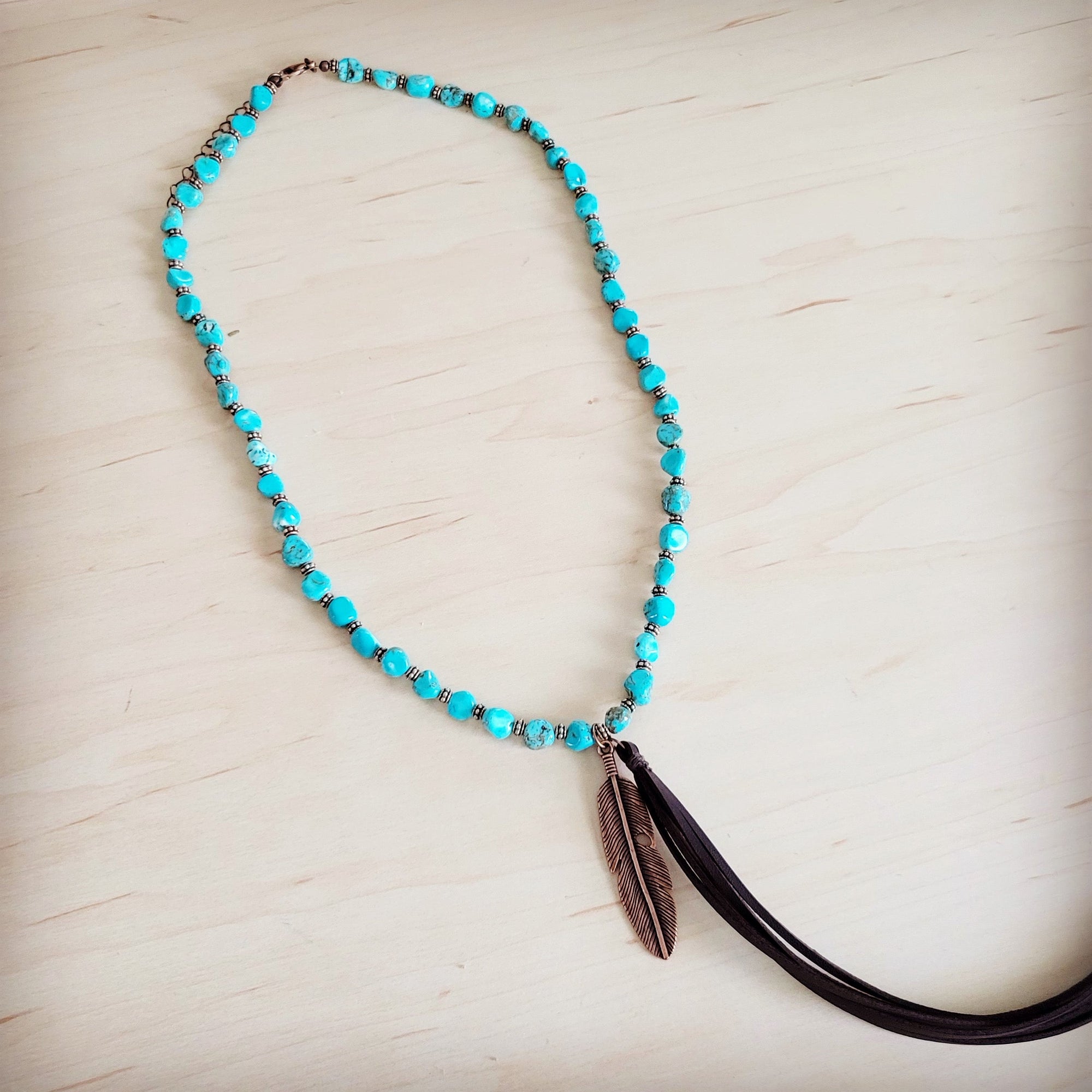 Turquoise &amp; Copper Necklace w/ Feather Tassel Pendant 264c