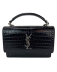 Saint Laurent Black Leather Sunset Wallet on a Chain Crocodile Embossed Bag