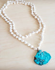 Long White Turquoise Beaded Necklace w/ Genuine Regalite Pendant 263c