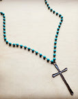 Turquoise Long Beaded Necklace with Antique Copper Cross 255r
