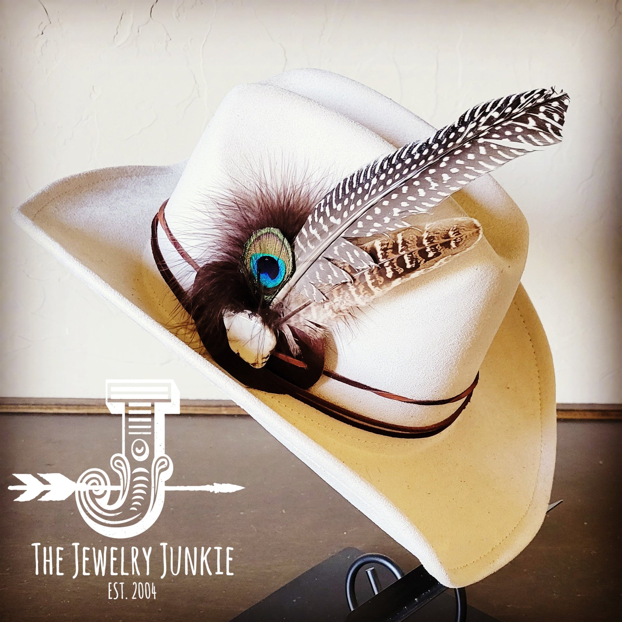 White Turq, Peacock Feather, &amp; Leather Hat Band (Band Only) 980v