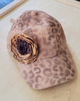 Hand-Painted Leopard Suede Baseball Cap w/ Flowers Tan 986L