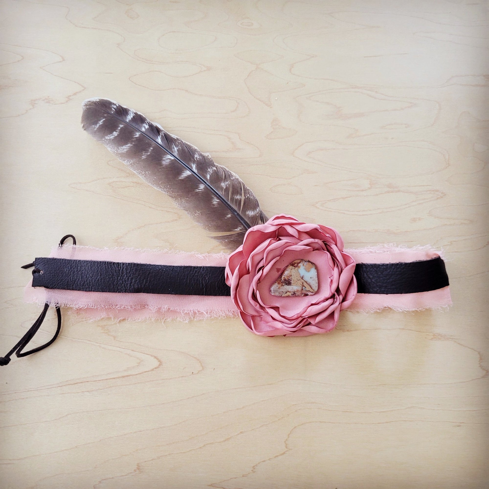 Leather Hat Band w/ Silk Flower &amp; Feathers-Rose (Band Only) 952w