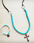 **Frosted Magnesite Beaded Necklace w/ Copper Cross 258i