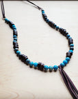 **Ocean Agate Necklace with Wood Beads and Leather Tassel 260b