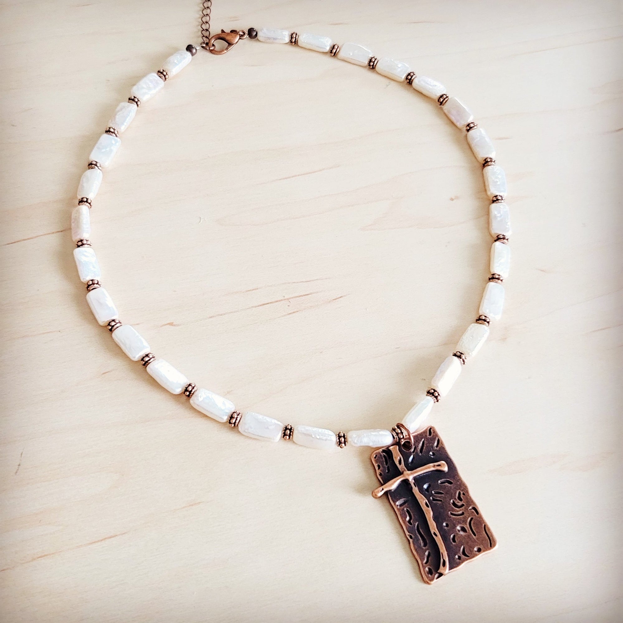 Rectangle Freshwater Pearl &amp; Copper Necklace w/ Antique Cross Pendant 264a