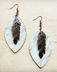**Leather Oval Earrings Spotted Hair Hide w/ Copper Feather 219m
