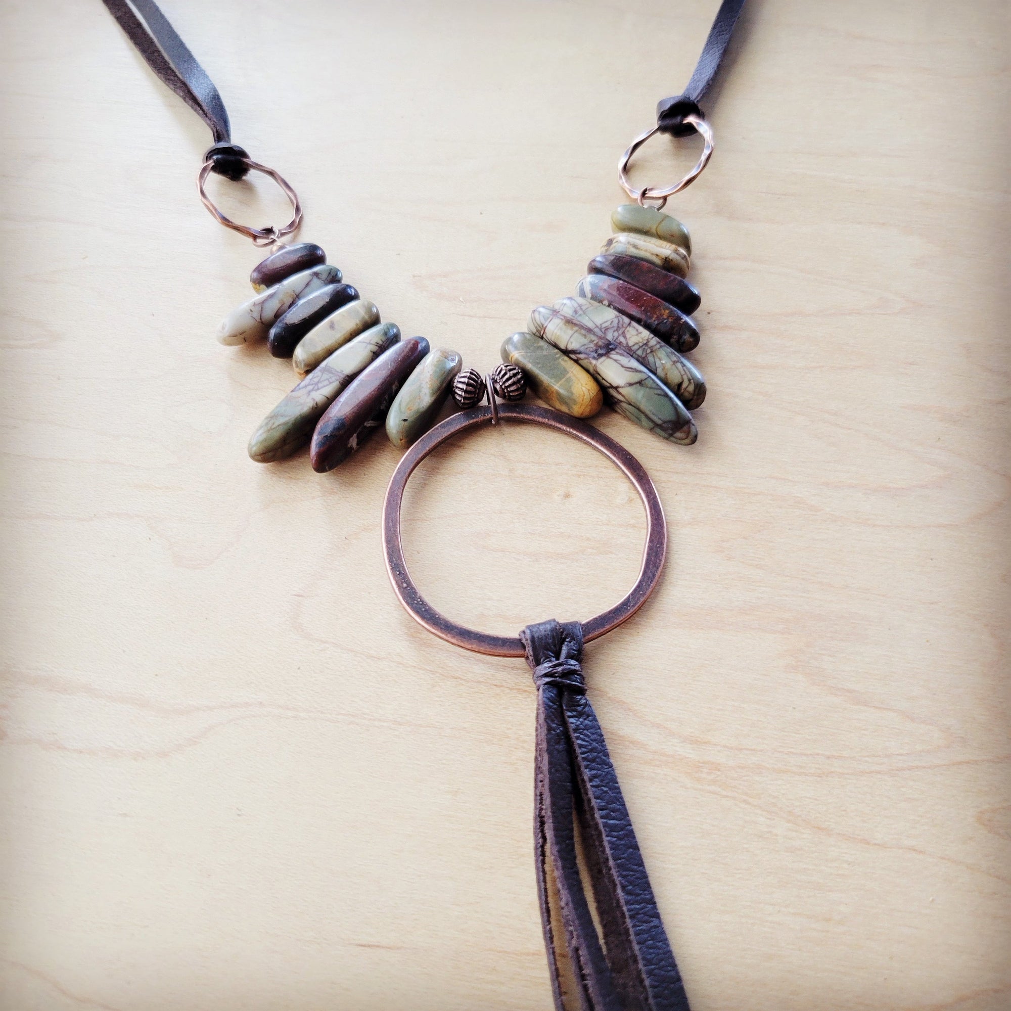 Picasso Jasper Necklace w/ Copper Hoop &amp; Leather Tassel 261e
