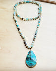Frosted Amazonite Long Beaded Necklace with Agate Pendant 260o
