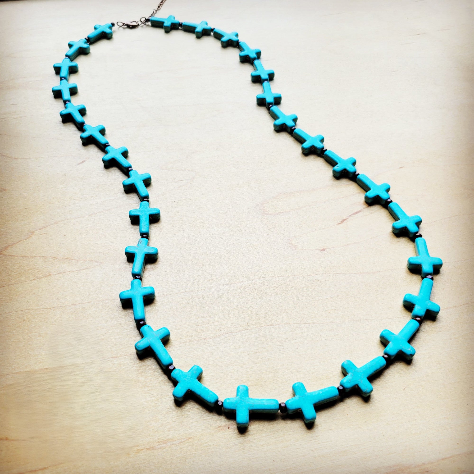 **Blue Turquoise &amp; Wood Beaded Cross Necklace 258n