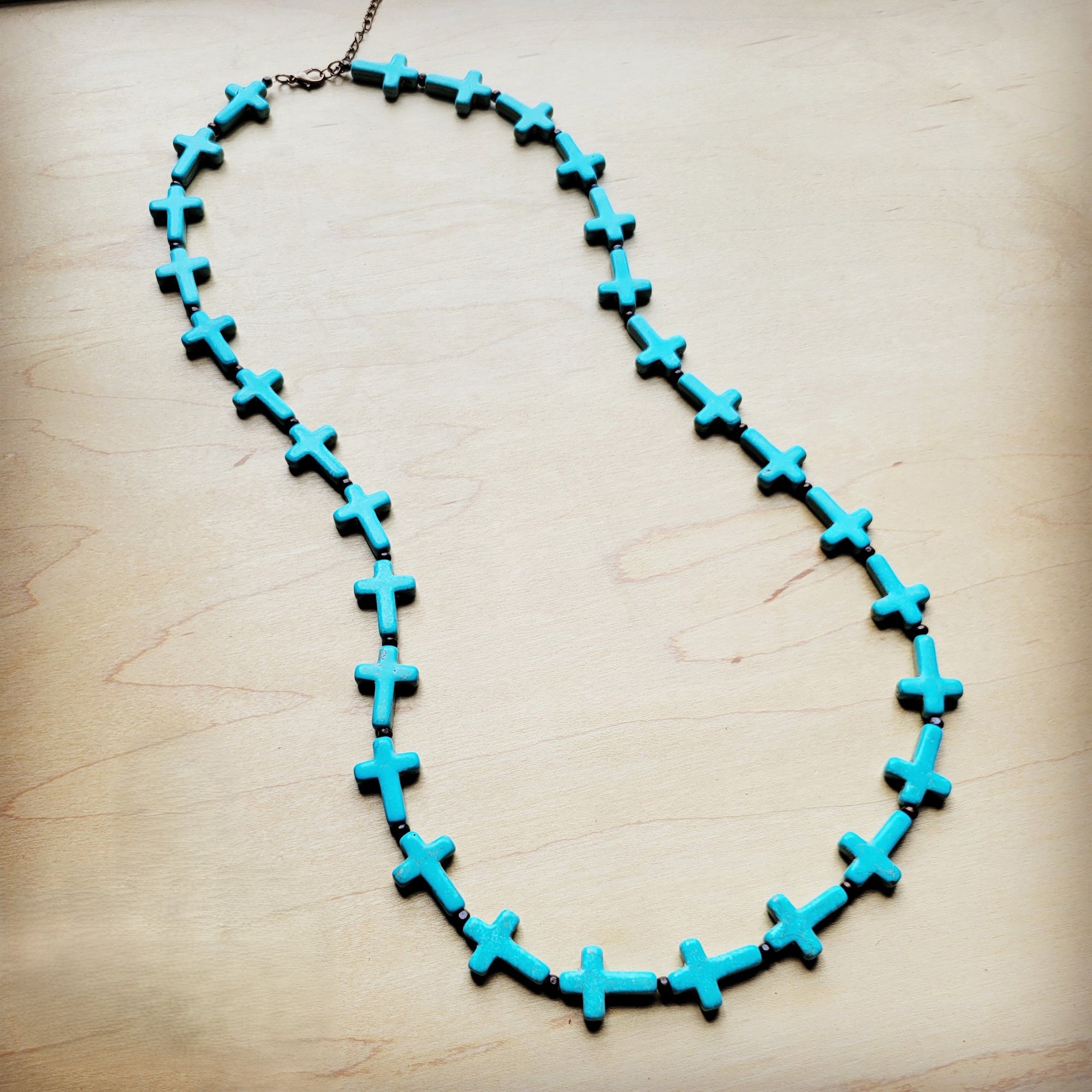 **Blue Turquoise &amp; Wood Beaded Cross Necklace 258n