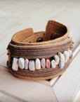 Genuine Leather Cuff with Aqua Terra Gemstone Chunks 005e