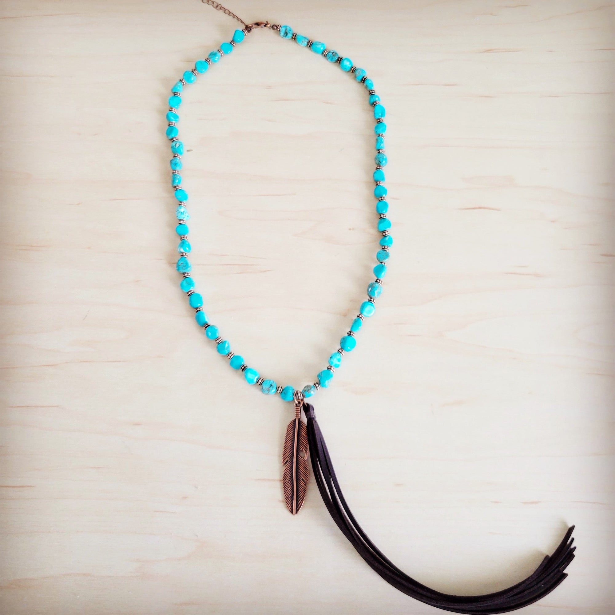 Turquoise &amp; Copper Necklace w/ Feather Tassel Pendant 264c