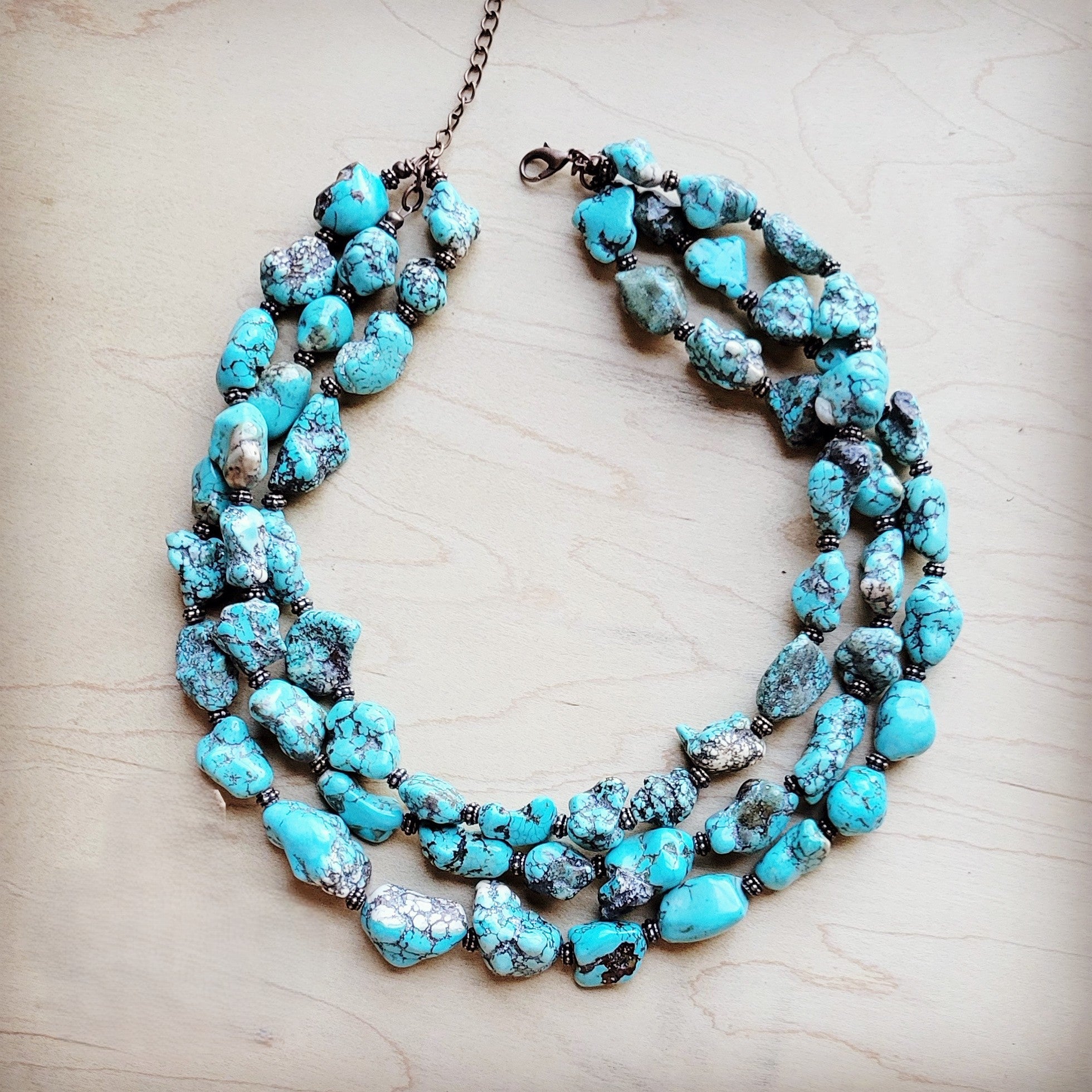 Large Triple Strand Blue Turquoise &amp; Copper Collar Necklace 259d