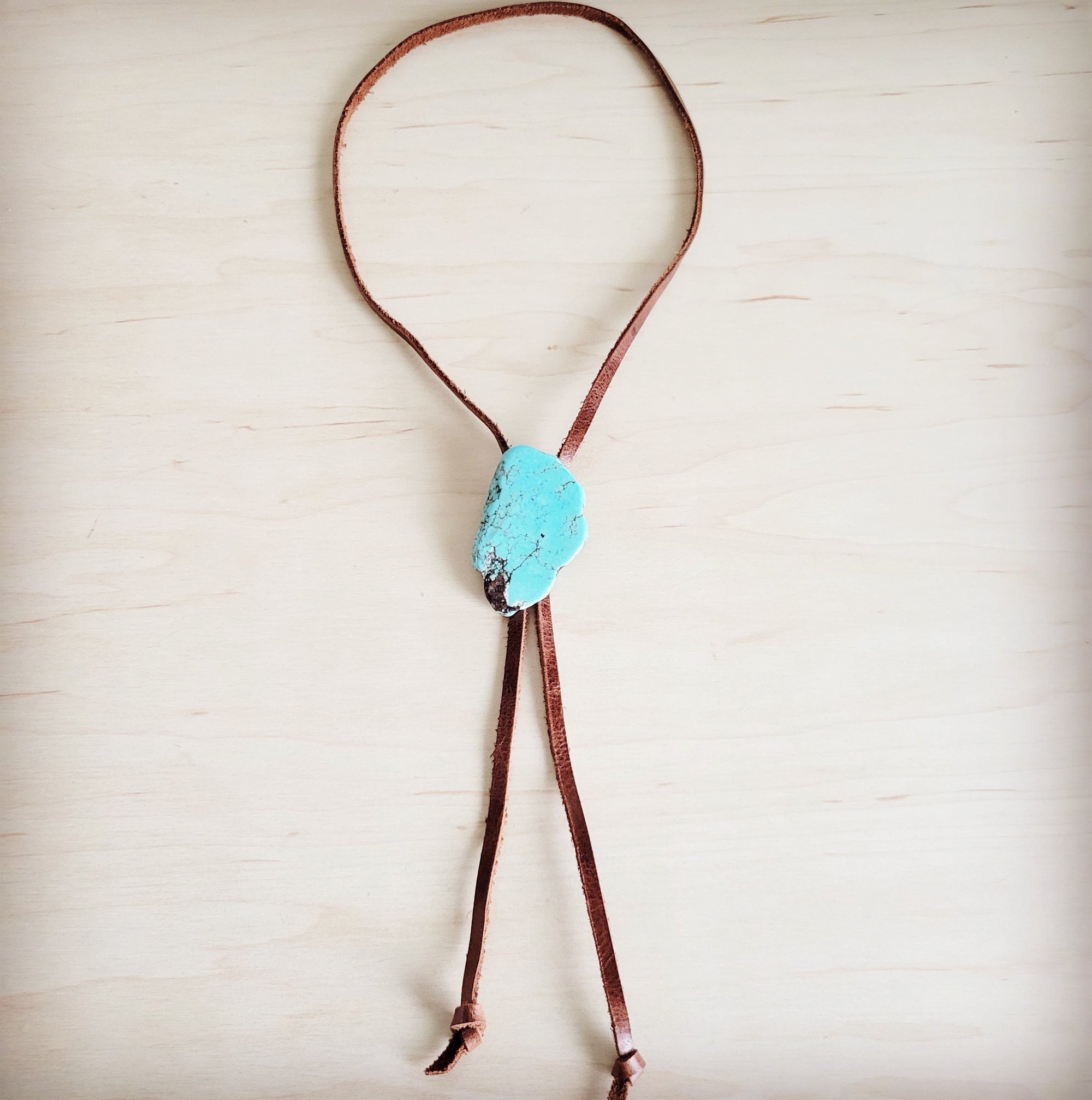 Leather Lariat Boho Necklace w/ Turquoise Slab Accent 263t