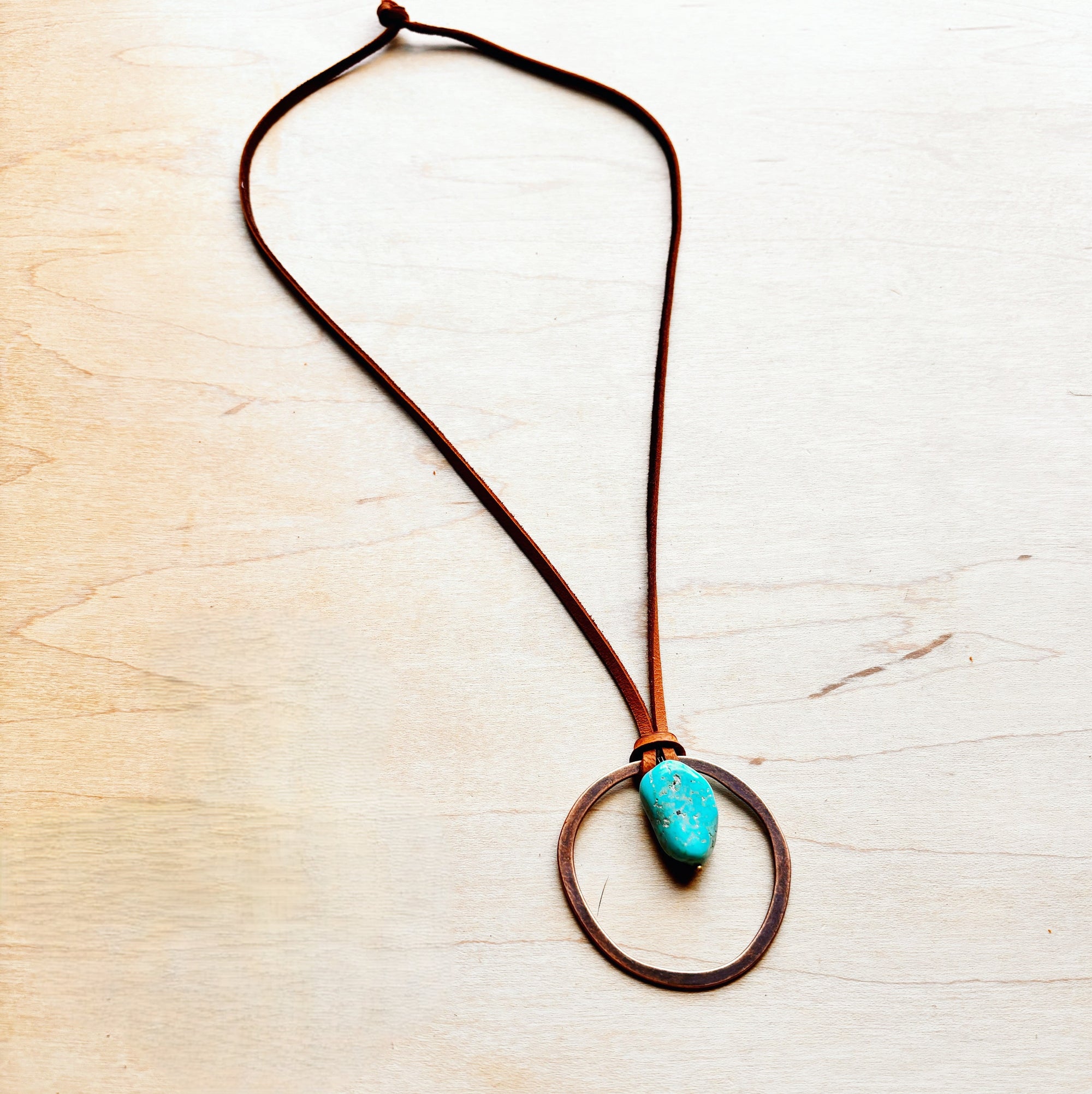Leather Cord Necklace Antique Gold Hoop &amp; Natural Turquoise  254v