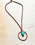 Leather Cord Necklace Antique Gold Hoop & Natural Turquoise  254v