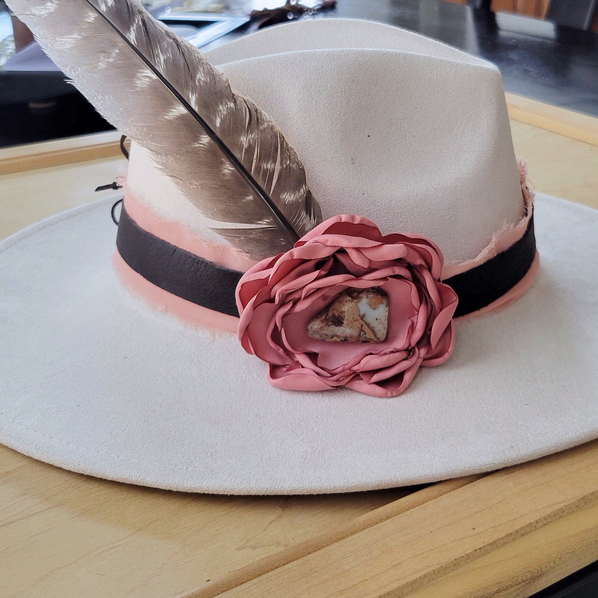 Leather Hat Band w/ Silk Flower &amp; Feathers-Rose (Band Only) 952w