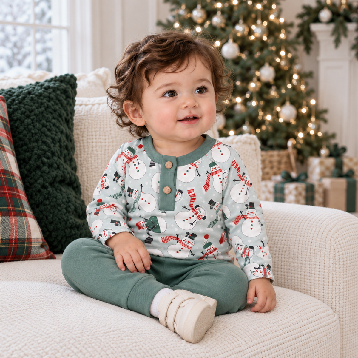 Christmas Snowmen Baby Boy's Bamboo Henley Top &amp; Pants