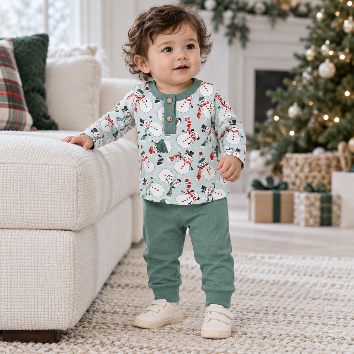Christmas Snowmen Baby Boy's Bamboo Henley Top &amp; Pants