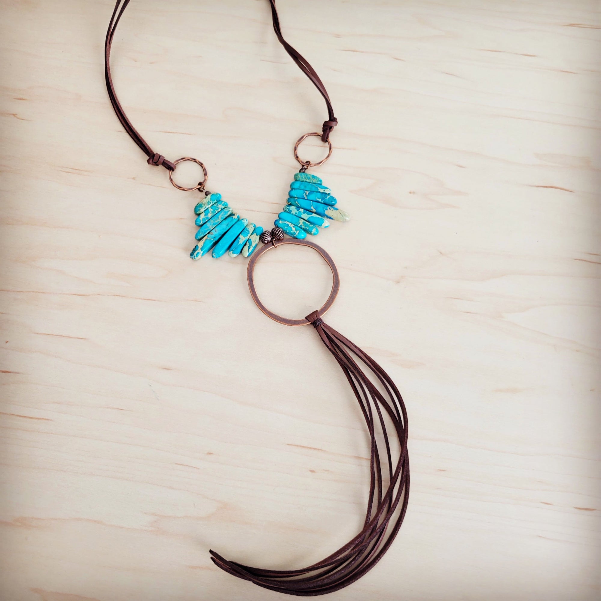 Imperial Jasper Slab Necklace w/ Copper Hoop &amp; Tassel 252h
