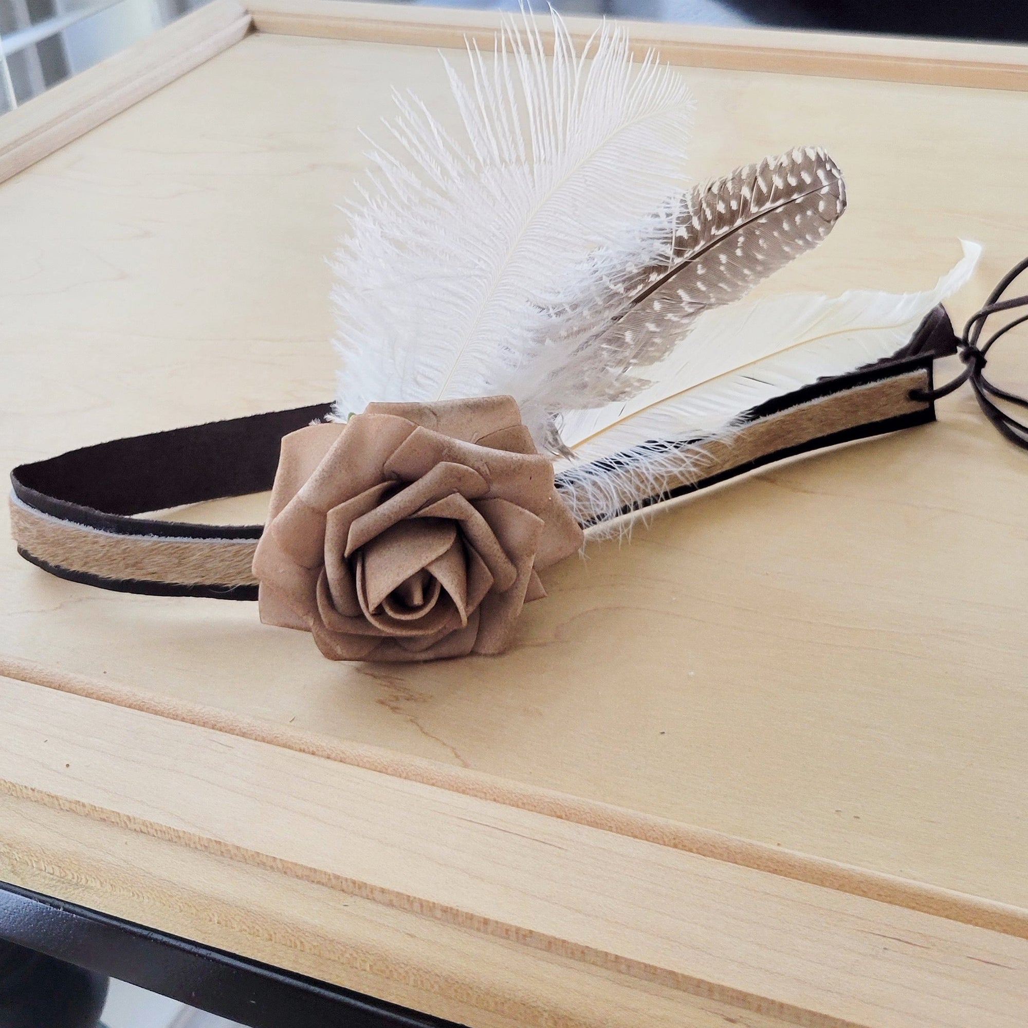 Leather Hat Band w/ Silk Flower &amp; Feathers-Coffee (Band Only) 952y